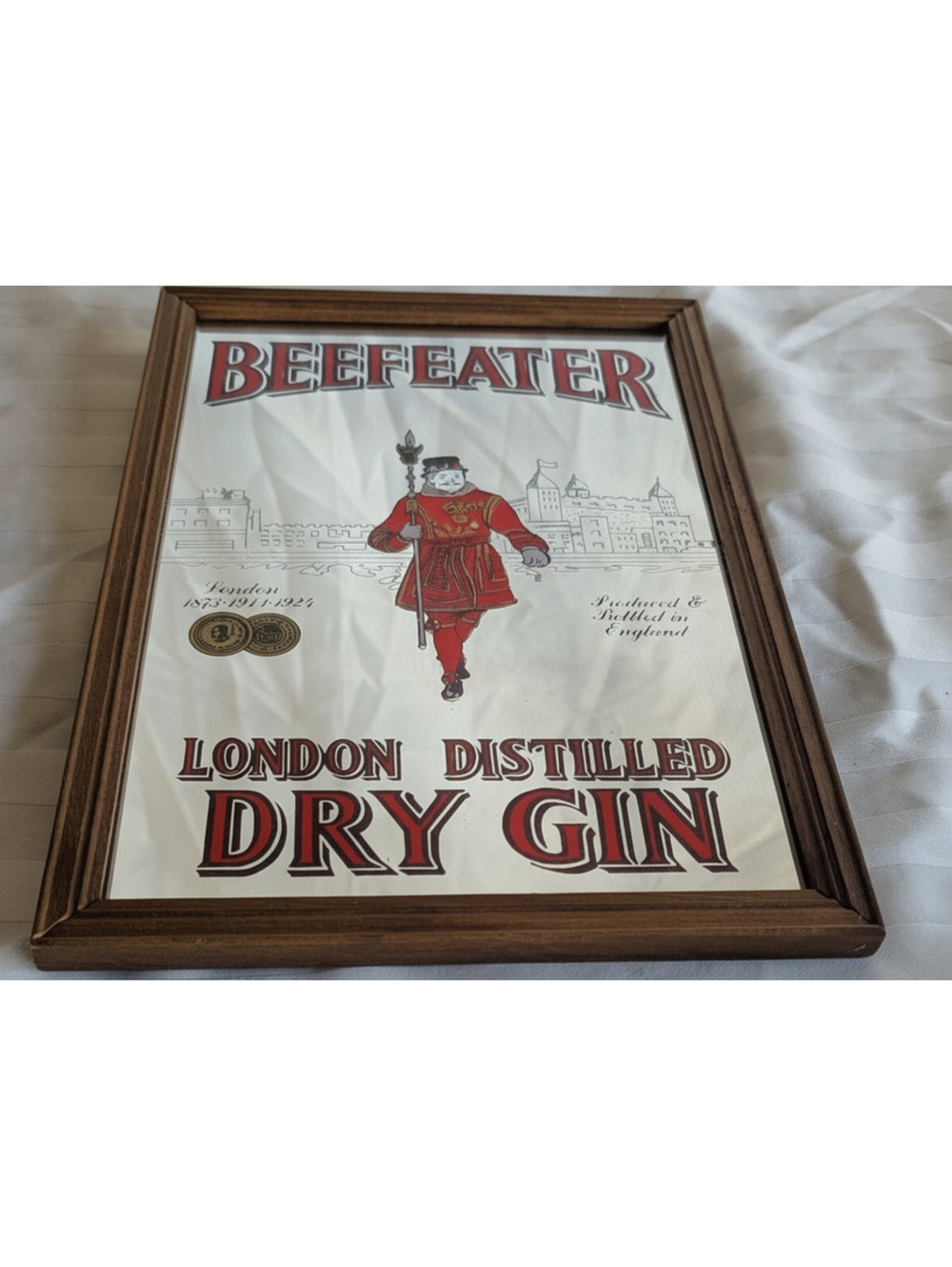 Vintage Beefeater London Distilled Dry Gin Advertising Bar Mirror in Wood Frame